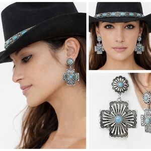 Nwt Jessica Simpson Faux Turquoise Stone Drop Earring Western Cross Silver Tone
